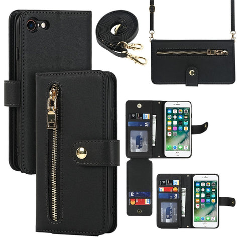 Stand Case for iPhone SE (2022) / (2020) / 8 / 7 PU Leather Phone Cover with Straps / Zipper Wallet / Multiple Card Slots