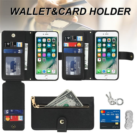 Stand Case for iPhone SE (2022) / (2020) / 8 / 7 PU Leather Phone Cover with Straps / Zipper Wallet / Multiple Card Slots