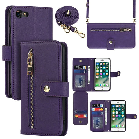 Stand Case for iPhone SE (2022) / (2020) / 8 / 7 PU Leather Phone Cover with Straps / Zipper Wallet / Multiple Card Slots