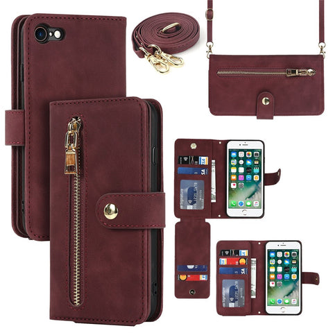 Stand Case for iPhone SE (2022) / (2020) / 8 / 7 PU Leather Phone Cover with Straps / Zipper Wallet / Multiple Card Slots