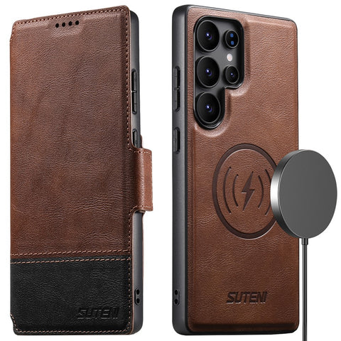 SUTENI Q-06 For Samsung Galaxy S23 Ultra Case Color Splicing Magnetic Detachable Leather Phone Cover