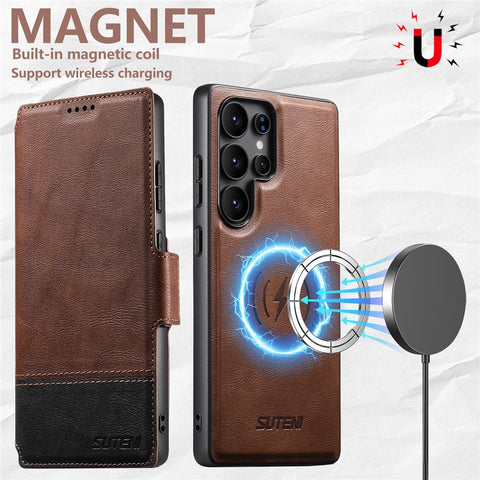 SUTENI Q-06 For Samsung Galaxy S23 Ultra Case Color Splicing Magnetic Detachable Leather Phone Cover
