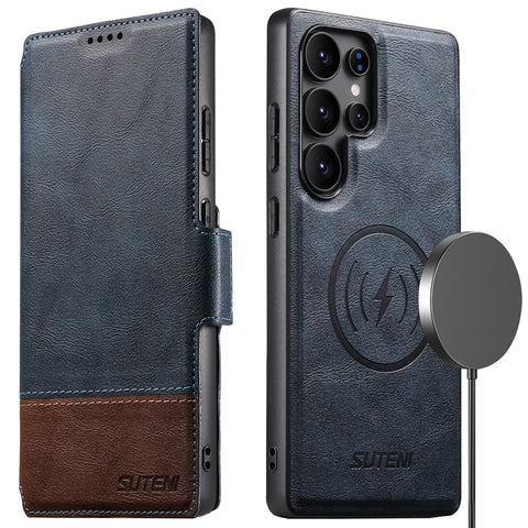SUTENI Q-06 For Samsung Galaxy S23 Ultra Case Color Splicing Magnetic Detachable Leather Phone Cover