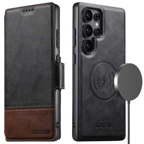 SUTENI Q-06 For Samsung Galaxy S23 Ultra Case Color Splicing Magnetic Detachable Leather Phone Cover