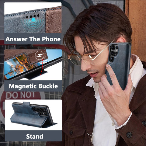 SUTENI Q-07 For Samsung Galaxy S23 Ultra Case Magnetic Color Splicing Cowhide Texture Leather Cover