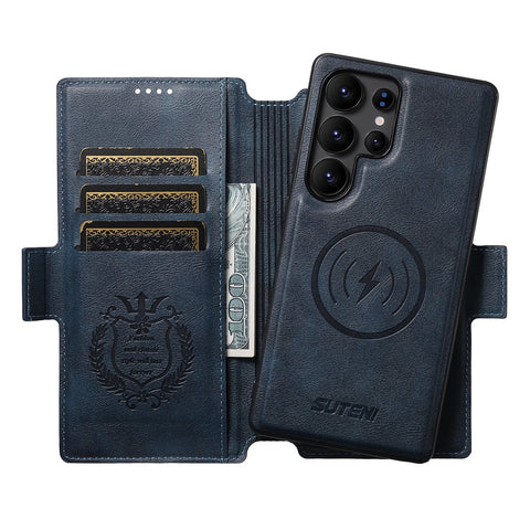 SUTENI Q-07 For Samsung Galaxy S23 Ultra Case Magnetic Color Splicing Cowhide Texture Leather Cover