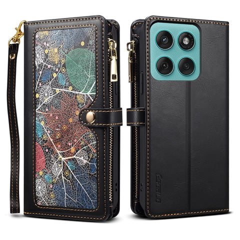 ESEBLE Galaxy Series For Motorola Moto G56 5G Case RFID Blocking Leather Zipper Phone Cover with Shoulder Strap + Wrist Strap