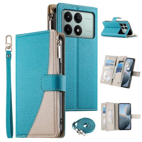 For Xiaomi Redmi K70E 5G  /  Poco X6 Pro 5G Case Zipper Wallet Color Splicing Leather Flip Phone Cover with Straps