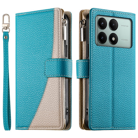 For Xiaomi Redmi K70E 5G  /  Poco X6 Pro 5G Case Zipper Wallet Color Splicing Leather Flip Phone Cover with Straps
