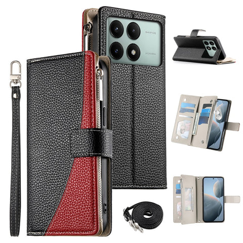 For Xiaomi Redmi K70E 5G  /  Poco X6 Pro 5G Case Zipper Wallet Color Splicing Leather Flip Phone Cover with Straps
