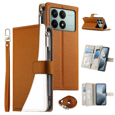 For Xiaomi Redmi K70E 5G  /  Poco X6 Pro 5G Case Zipper Wallet Color Splicing Leather Flip Phone Cover with Straps