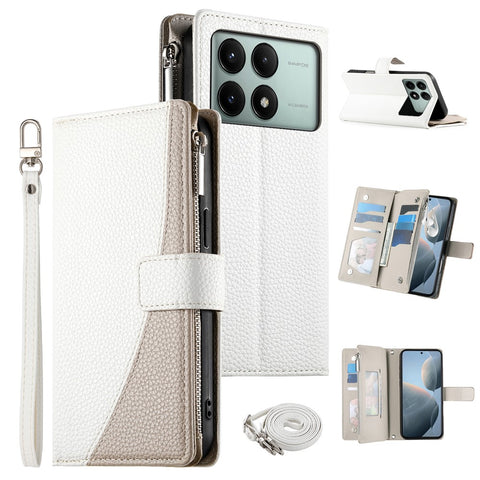 For Xiaomi Redmi K70E 5G  /  Poco X6 Pro 5G Case Zipper Wallet Color Splicing Leather Flip Phone Cover with Straps