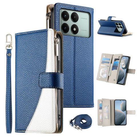 For Xiaomi Redmi K70E 5G  /  Poco X6 Pro 5G Case Zipper Wallet Color Splicing Leather Flip Phone Cover with Straps