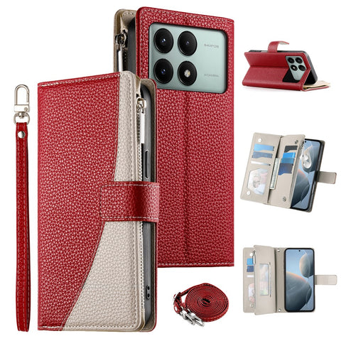 For Xiaomi Redmi K70E 5G  /  Poco X6 Pro 5G Case Zipper Wallet Color Splicing Leather Flip Phone Cover with Straps