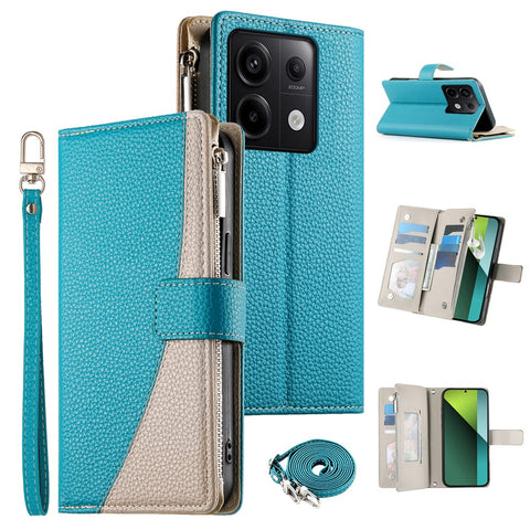 For Xiaomi Redmi Note 13 Pro 5G  /  Poco X6 5G Case Zipper Wallet Color Splicing Leather Flip Phone Cover with Straps