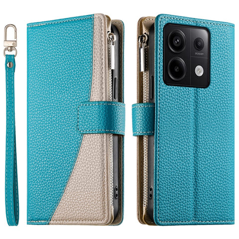 For Xiaomi Redmi Note 13 Pro 5G  /  Poco X6 5G Case Zipper Wallet Color Splicing Leather Flip Phone Cover with Straps