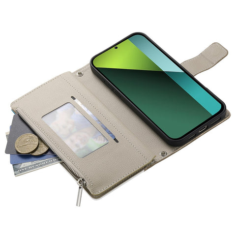 For Xiaomi Redmi Note 13 Pro 5G  /  Poco X6 5G Case Zipper Wallet Color Splicing Leather Flip Phone Cover with Straps
