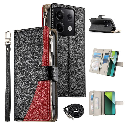 For Xiaomi Redmi Note 13 Pro 5G  /  Poco X6 5G Case Zipper Wallet Color Splicing Leather Flip Phone Cover with Straps