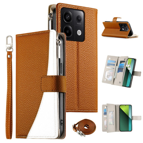 For Xiaomi Redmi Note 13 Pro 5G  /  Poco X6 5G Case Zipper Wallet Color Splicing Leather Flip Phone Cover with Straps