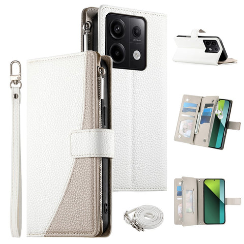 For Xiaomi Redmi Note 13 Pro 5G  /  Poco X6 5G Case Zipper Wallet Color Splicing Leather Flip Phone Cover with Straps