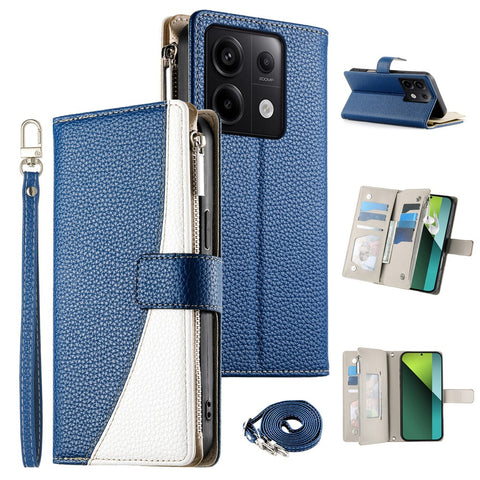 For Xiaomi Redmi Note 13 Pro 5G  /  Poco X6 5G Case Zipper Wallet Color Splicing Leather Flip Phone Cover with Straps
