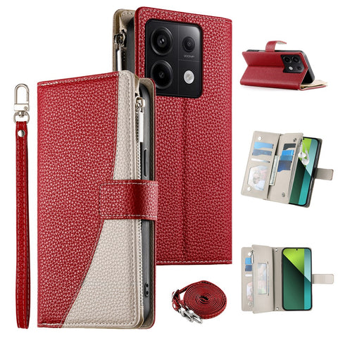 For Xiaomi Redmi Note 13 Pro 5G  /  Poco X6 5G Case Zipper Wallet Color Splicing Leather Flip Phone Cover with Straps