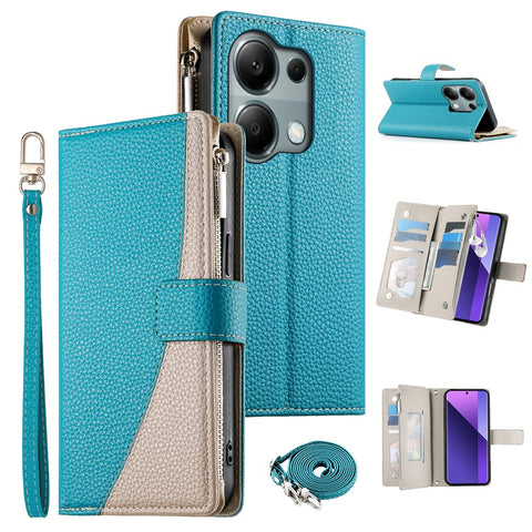 For Xiaomi Redmi Note 13 Pro 4G  /  Poco M6 Pro 4G Case Zipper Wallet Color Splicing Leather Flip Phone Cover with Straps
