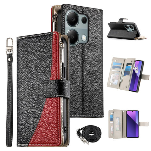 For Xiaomi Redmi Note 13 Pro 4G  /  Poco M6 Pro 4G Case Zipper Wallet Color Splicing Leather Flip Phone Cover with Straps
