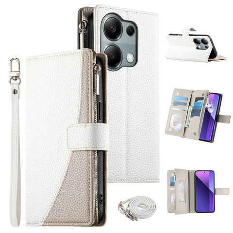 For Xiaomi Redmi Note 13 Pro 4G  /  Poco M6 Pro 4G Case Zipper Wallet Color Splicing Leather Flip Phone Cover with Straps