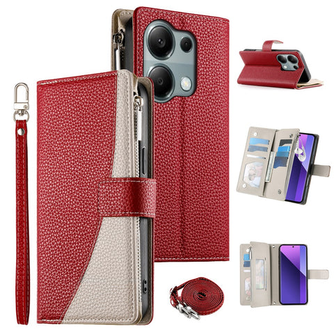 For Xiaomi Redmi Note 13 Pro 4G  /  Poco M6 Pro 4G Case Zipper Wallet Color Splicing Leather Flip Phone Cover with Straps