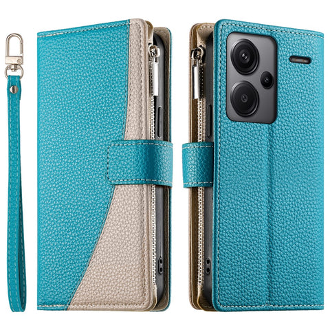 For Xiaomi Redmi Note 13 Pro+ 5G Case Zipper Wallet Color Splicing Leather Flip Phone Cover with Straps