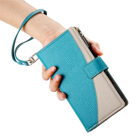 For Xiaomi Redmi Note 13 Pro+ 5G Case Zipper Wallet Color Splicing Leather Flip Phone Cover with Straps