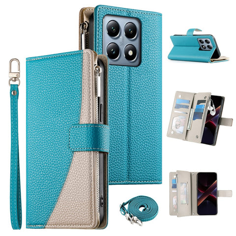 For Xiaomi 14T Pro Case Zipper Wallet Color Splicing Leather Flip Phone Cover with Straps