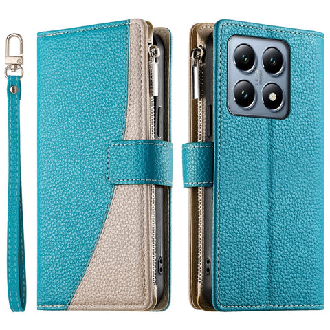 For Xiaomi 14T Pro Case Zipper Wallet Color Splicing Leather Flip Phone Cover with Straps