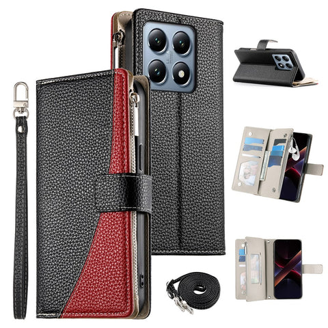 For Xiaomi 14T Pro Case Zipper Wallet Color Splicing Leather Flip Phone Cover with Straps