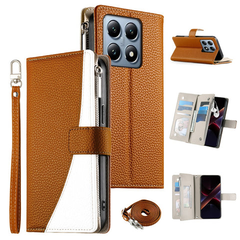 For Xiaomi 14T Pro Case Zipper Wallet Color Splicing Leather Flip Phone Cover with Straps