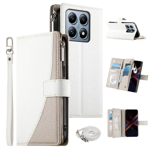 For Xiaomi 14T Pro Case Zipper Wallet Color Splicing Leather Flip Phone Cover with Straps