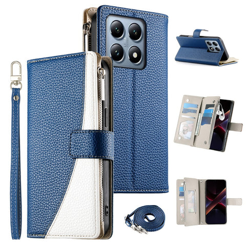 For Xiaomi 14T Pro Case Zipper Wallet Color Splicing Leather Flip Phone Cover with Straps