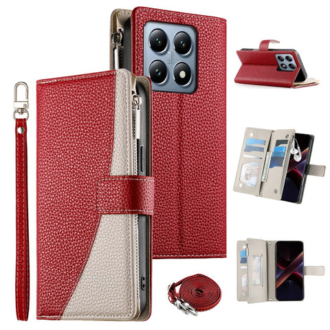 For Xiaomi 14T Pro Case Zipper Wallet Color Splicing Leather Flip Phone Cover with Straps