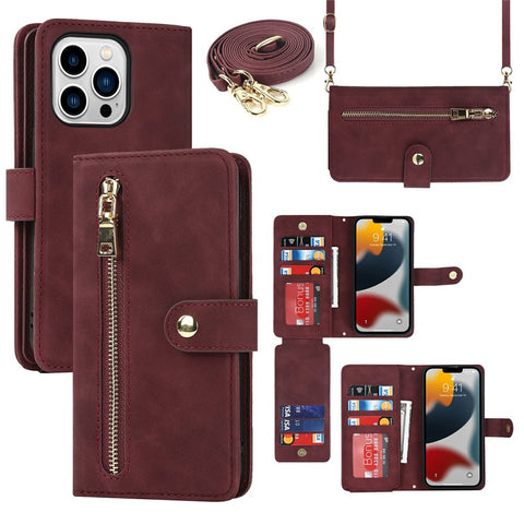 For iPhone 13 Pro Max / 12 Pro Max Stand Case PU Leather Phone Cover with Straps  /  Zipper Wallet  /  Multiple Card Slots