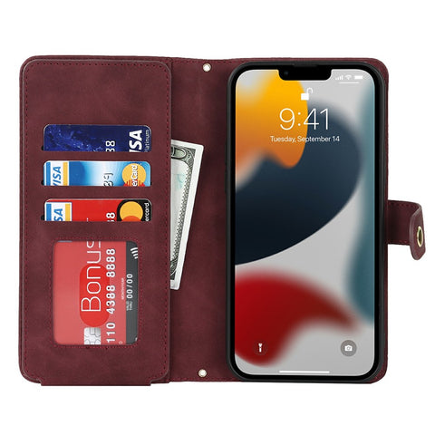 For iPhone 13 Pro Max / 12 Pro Max Stand Case PU Leather Phone Cover with Straps  /  Zipper Wallet  /  Multiple Card Slots