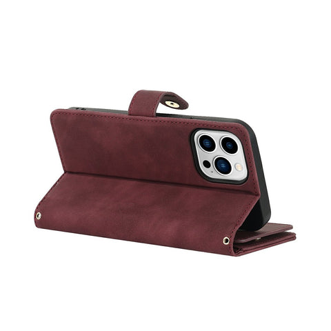 For iPhone 13 Pro Max / 12 Pro Max Stand Case PU Leather Phone Cover with Straps  /  Zipper Wallet  /  Multiple Card Slots
