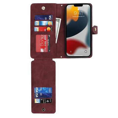 For iPhone 13 Pro Max / 12 Pro Max Stand Case PU Leather Phone Cover with Straps  /  Zipper Wallet  /  Multiple Card Slots