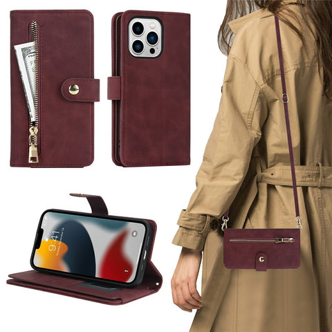 For iPhone 13 Pro Max / 12 Pro Max Stand Case PU Leather Phone Cover with Straps  /  Zipper Wallet  /  Multiple Card Slots