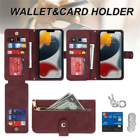 For iPhone 13 Pro Max / 12 Pro Max Stand Case PU Leather Phone Cover with Straps  /  Zipper Wallet  /  Multiple Card Slots