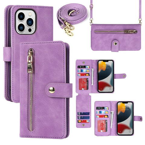 For iPhone 13 Pro Max / 12 Pro Max Stand Case PU Leather Phone Cover with Straps  /  Zipper Wallet  /  Multiple Card Slots