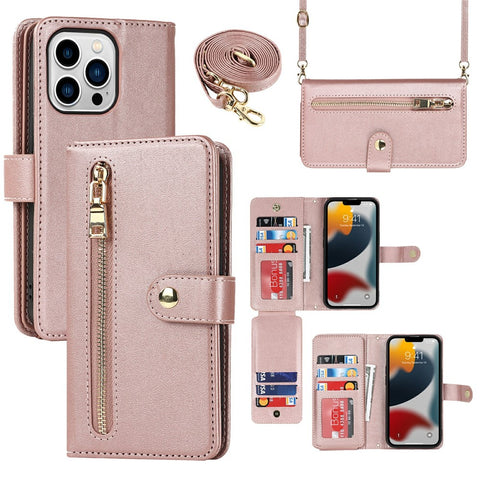 For iPhone 13 Pro Max / 12 Pro Max Stand Case PU Leather Phone Cover with Straps  /  Zipper Wallet  /  Multiple Card Slots