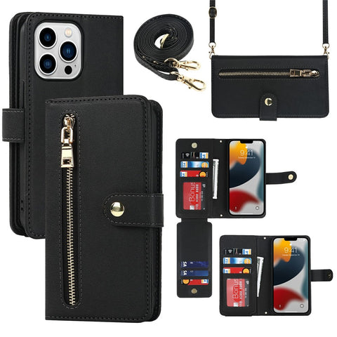 For iPhone 13 Pro Max / 12 Pro Max Stand Case PU Leather Phone Cover with Straps  /  Zipper Wallet  /  Multiple Card Slots