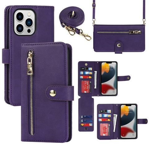 For iPhone 13 Pro Max / 12 Pro Max Stand Case PU Leather Phone Cover with Straps  /  Zipper Wallet  /  Multiple Card Slots