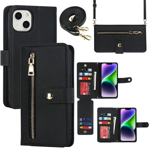 For iPhone 14 Plus Stand Case PU Leather Phone Cover with Straps  /  Zipper Wallet  /  Multiple Card Slots